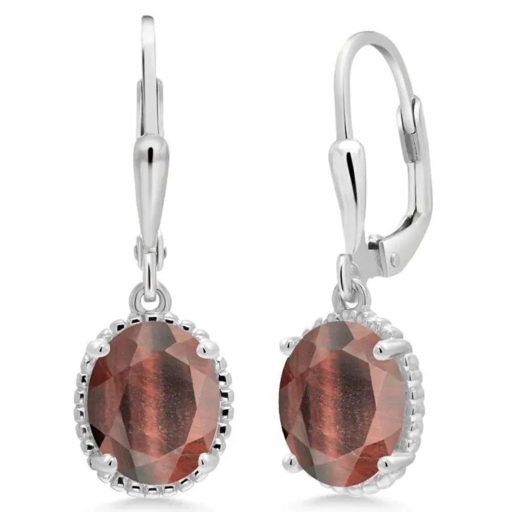 925 Sterling Silver with 3.00 Cttw Red Tiger Eye Oval Leverback Hook Earrings